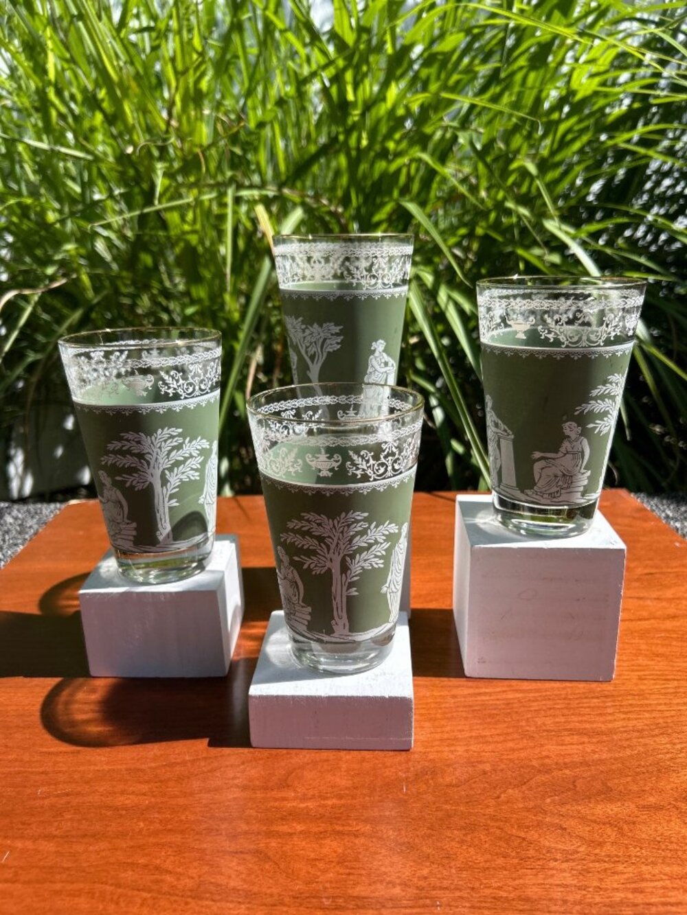 Mid Century Jeannette Hellenic Green Glass Tumblers.